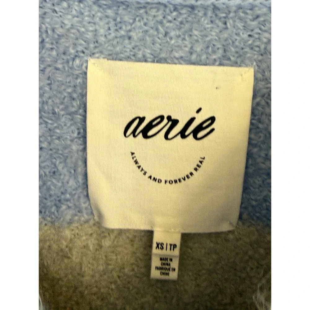 Aerie Teddy Boucle Striped Fuzzy V Neck Sweater Ocean Sky Blue Cozy Oversized XS